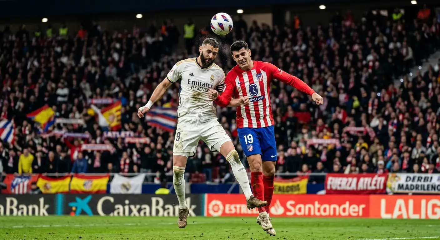 Rivalidad intensa en derbi de futbol con jugadores disputando balon